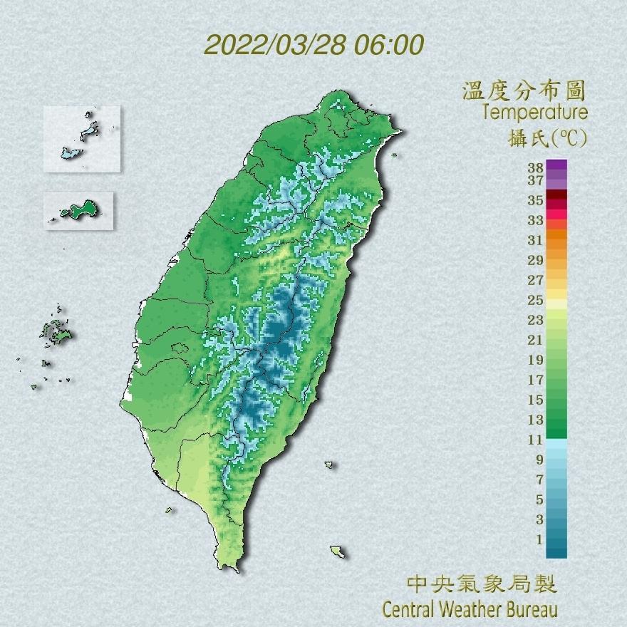 中央氣象局發布全台溫布分布圖。(中央氣象局提供)