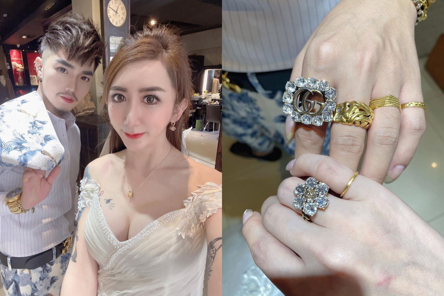 罔腰（左圖右）與阿猴（左圖左）不僅一起拍婚紗，還戴上超大鑽戒。（翻攝自@wen810615 IG）