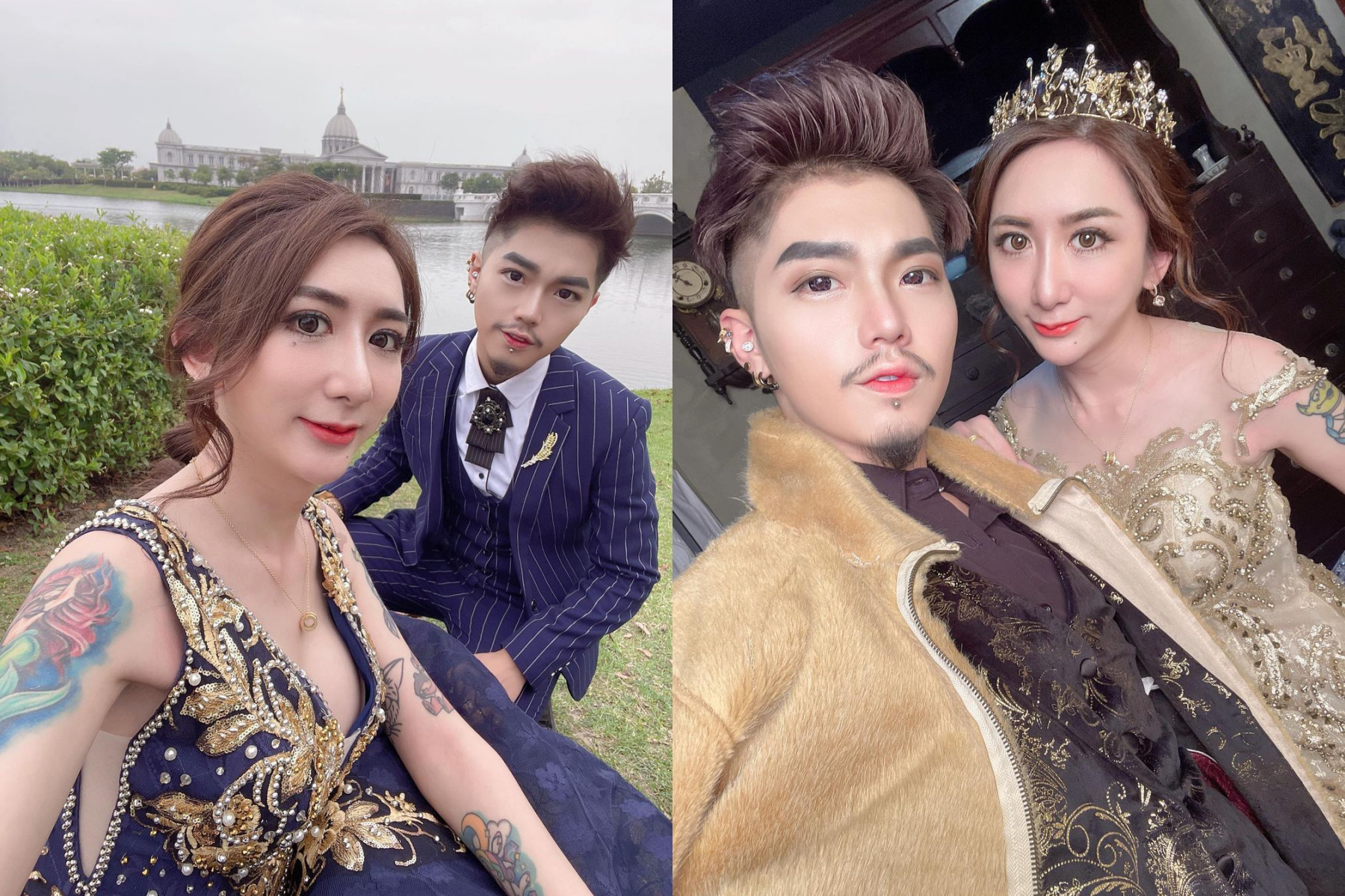 罔腰（左圖左、右圖右）除了穿白色婚紗，還拍了2套藍色和金色的禮服。（翻攝自@wen810615 IG）