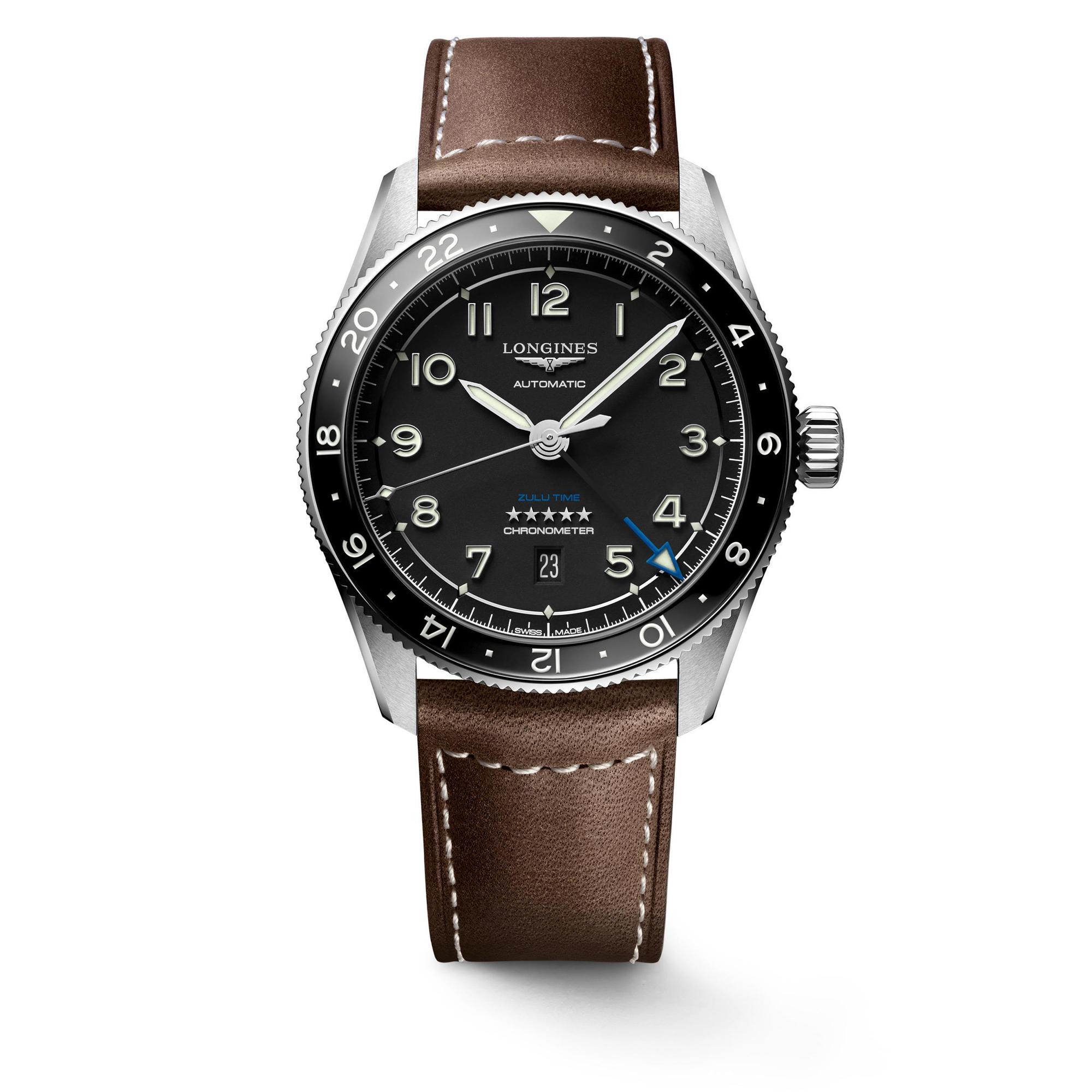 浪琴Spirit Zulu Time腕錶，皮錶帶NT$95,100，鏈帶NT$98,600。