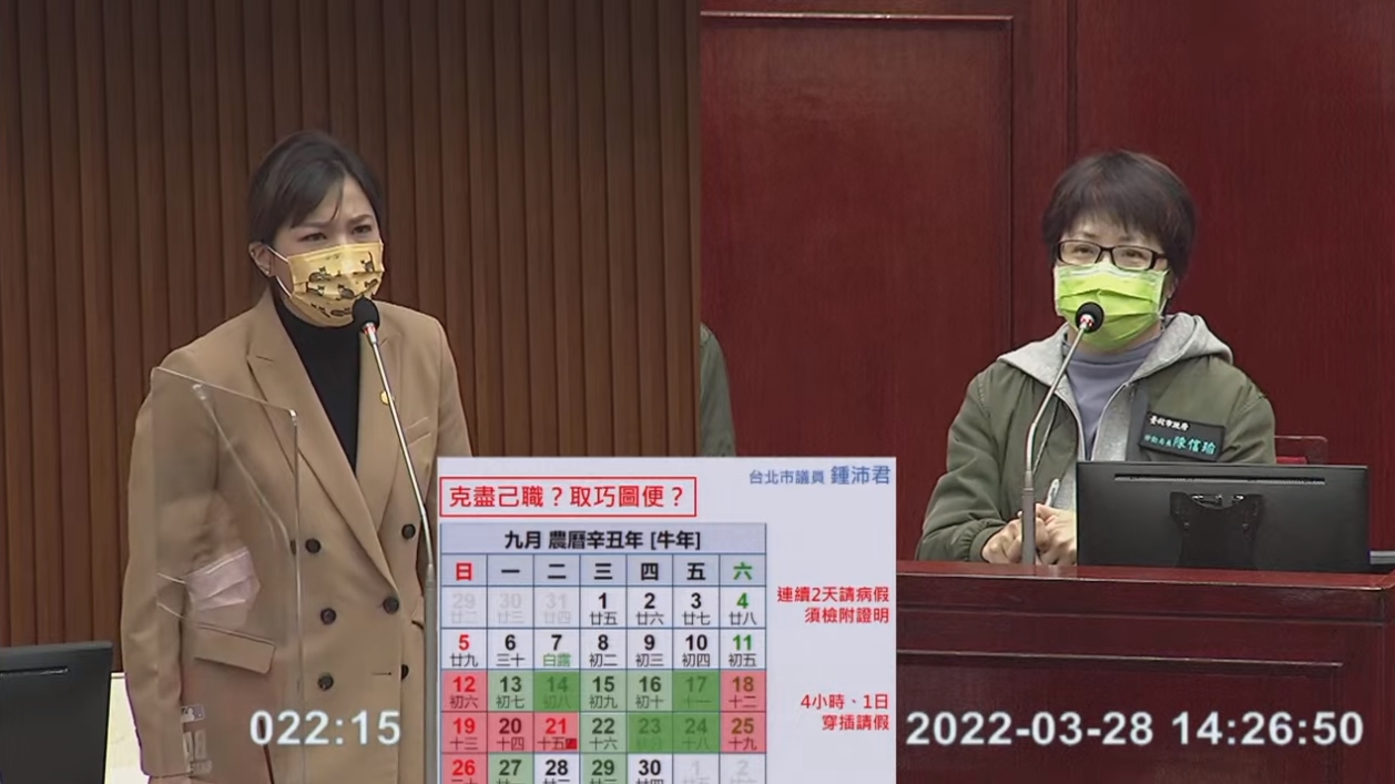 陳信瑜（右）強調是依法請假，鍾沛君則嗆她是知法玩法。（翻攝自北市議會直播）