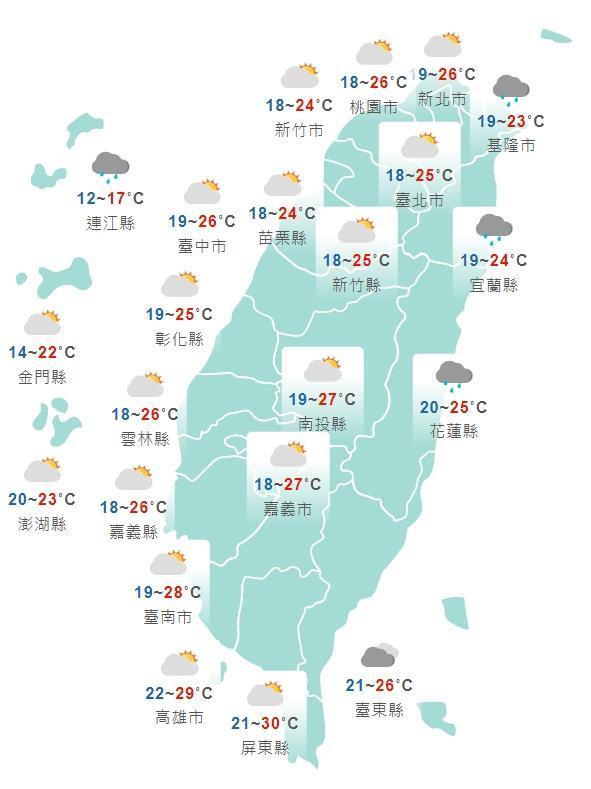 中央氣象局公布各地今日白天天氣狀況。（中央氣象局提供）