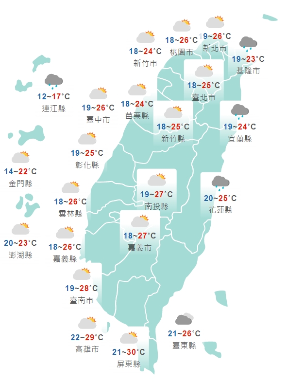 中央氣象局公布各地今日白天天氣狀況。(中央氣象局提供)