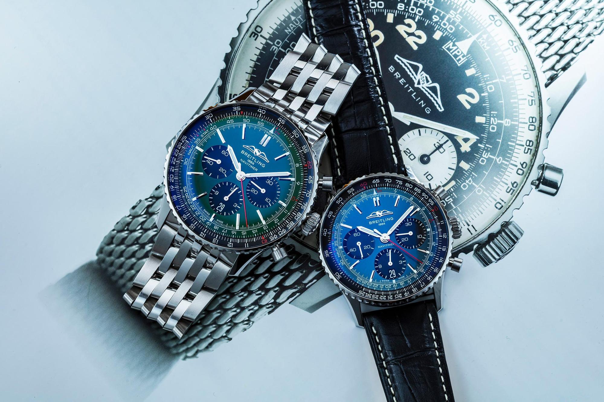 新的Navitimer除了使用AOPA Logo,更加回41mm的尺寸選擇,與46mm(左)的尺寸相比,瞬間能看出份量差異。