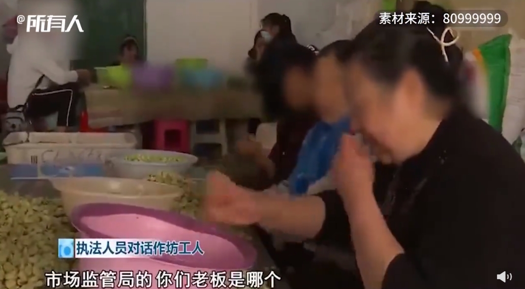 中國雲南爆出有工人用嘴剝蠶豆皮。（翻攝自澎湃新聞微博）