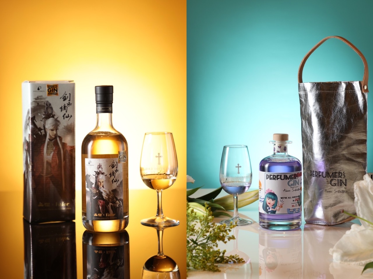 合力酒廠與琴酒專家及香水師，跨界合作發表的「劍承謫仙霹靂聯名琴酒」（左）及「Perfumer's Gin」（右）2款琴酒，分別奪下2022年「世界琴酒大賽（World Gin Awards, WGA）」2大獎項。（合力酒廠提供）