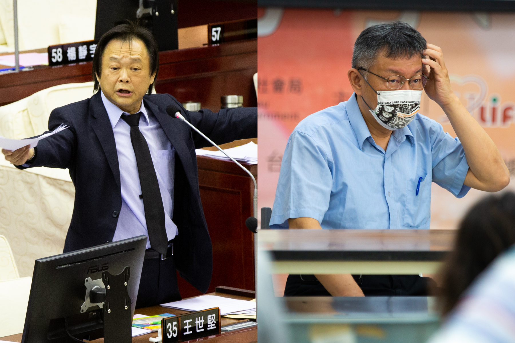 王世堅（左）因柯文哲（右）日前宴請各國駐台代表，痛批他「瘋了」。（本刊資料照）