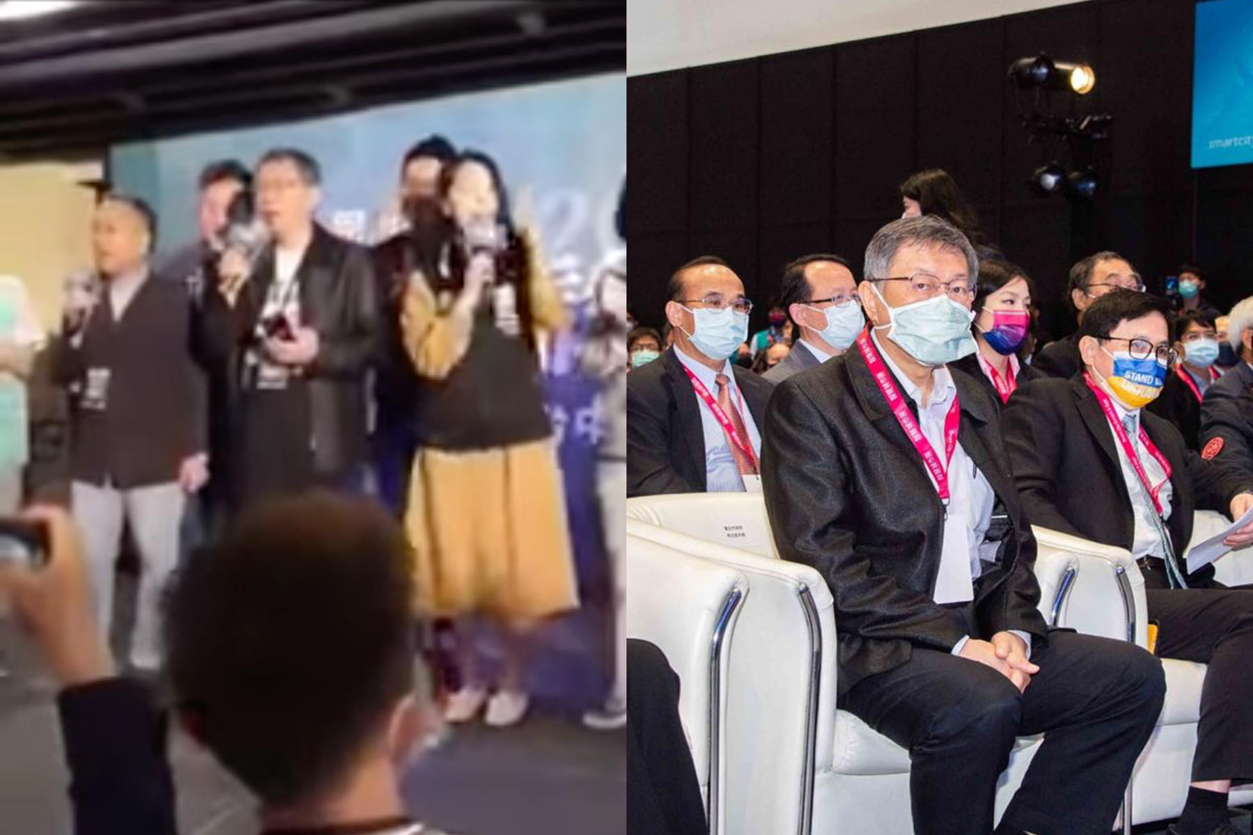 台北市長柯文哲日前出席「2022智慧城市論壇暨展覽」有外賓確診（右圖），不過卻在自主健康監測期間跑到台中無罩開唱（左圖）。（翻攝自游淑慧、柯文哲臉書）