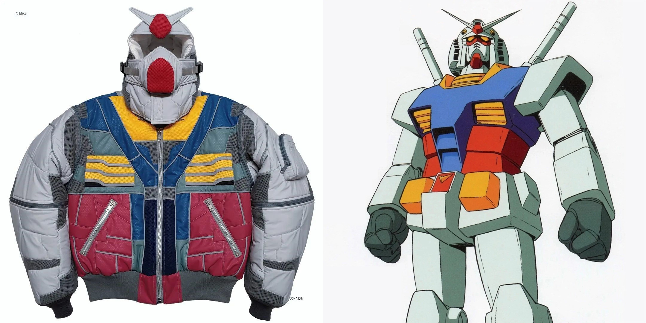 MEMENTOMORI手作《鋼彈》飛行外套（左）融入初代鋼彈RX-78-2（右）意象，在社群引發粉絲熱議。（翻攝自mementomori_mmm IG、GUNDAM WIKI）