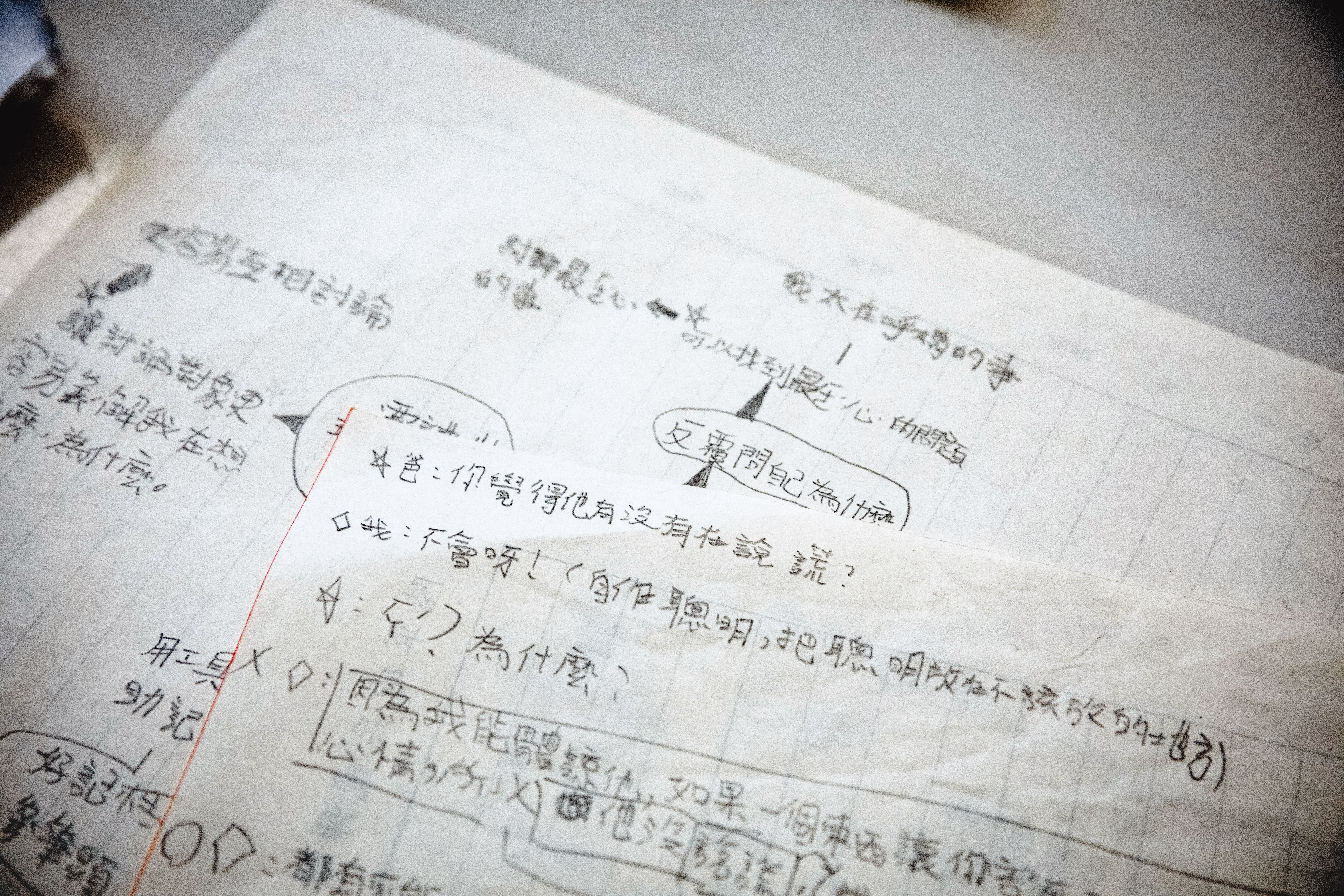 晴晴被爸爸教導要恨媽媽，在紙上寫下媽媽說謊的例子。（攝影／王漢順）