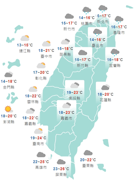 中央氣象局公布今日白天全台各地天氣狀況。(中央氣象局提供)