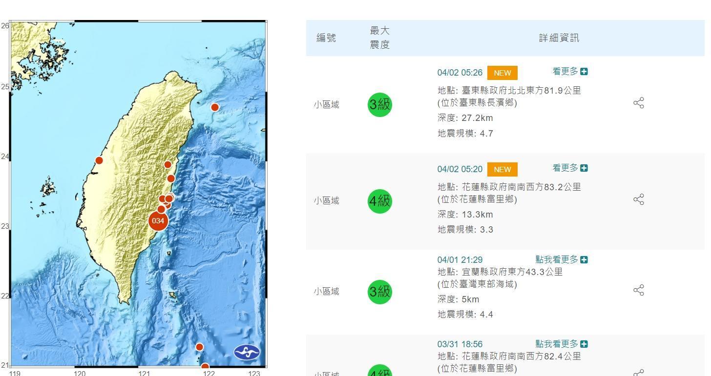中央氣象局發布地震相關資訊。（中央氣象局提供）