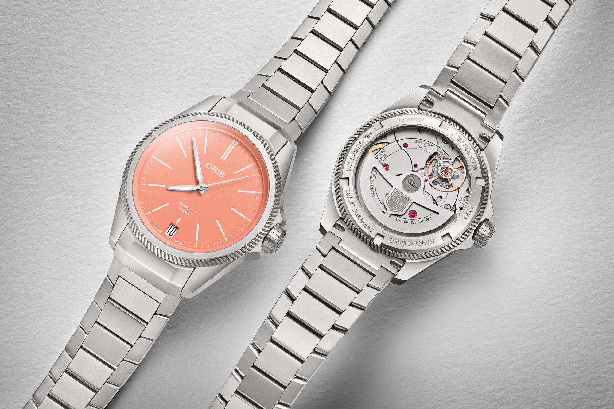 ORIS ProPilot X Calibre 400三款新色中最引人注目的就是這款「鮭魚面」,粉嫩可口。