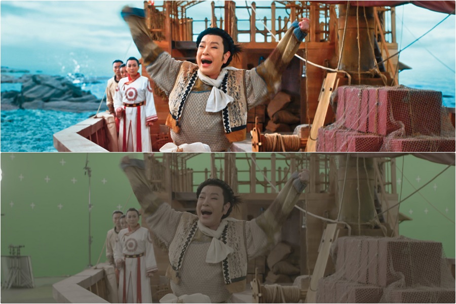 團隊以實景結合電腦動畫，呈現嘉慶君橫渡黑水溝橋段。（欣湉國際提供）