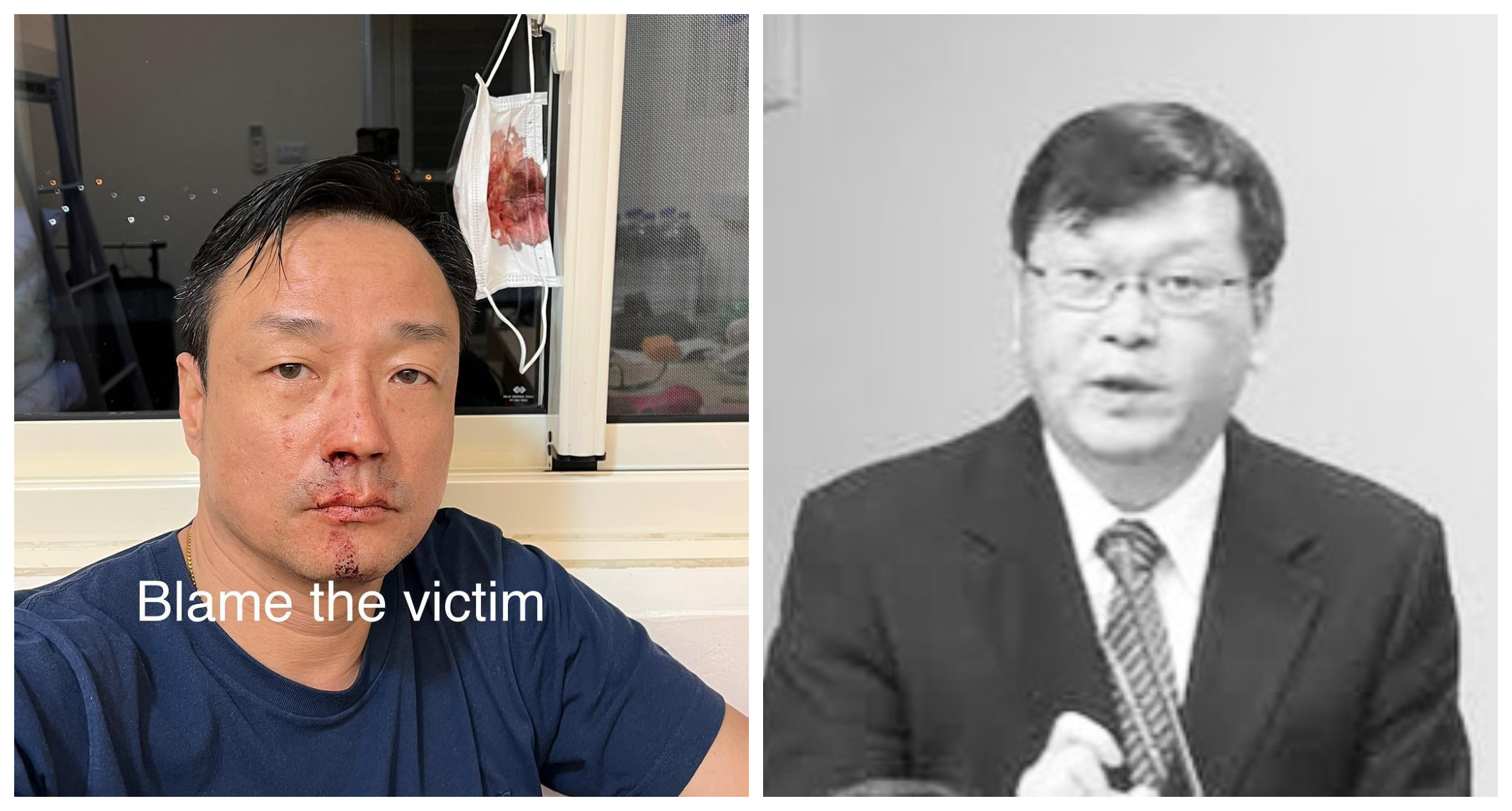 王喜（左圖）昨入境台灣PCR被捅到滿是血，貼出莊人祥的黑白照（右圖）直言「不知莊人祥是誰」。（翻攝王喜臉書）