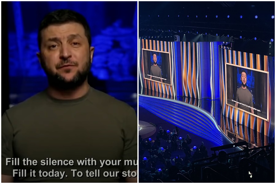 連烏克蘭總統澤倫斯基透過影片在葛萊美獎典禮上發表演說。（翻攝自推特）