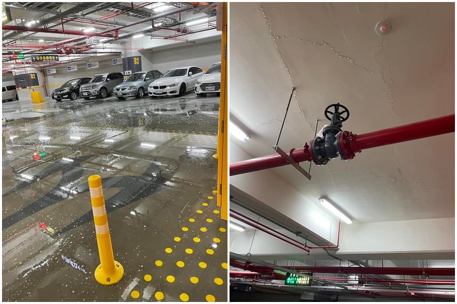 北市明倫社宅因火警警報遭人惡意啟動，導致地下室淹小水，甚至牆壁漏水。（翻攝自中山大同陳怡君臉書）