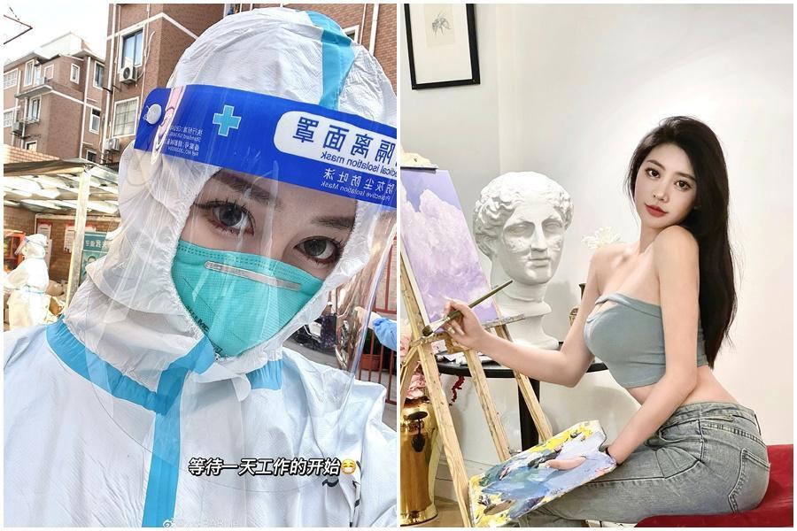 上海正妹xxxBARbie因為擔任防疫志工上傳自拍照,遭到中國網民出征。(翻攝自xxxBARbie微博)