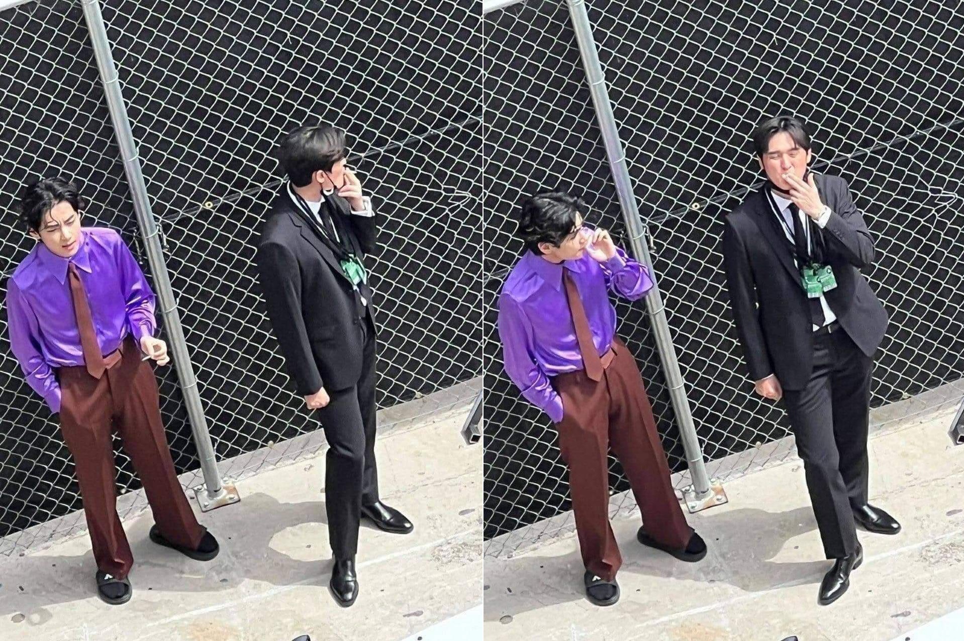 BTS成員V金泰亨被拍到和一名黑色西裝男子在葛萊美獎抽菸。（翻攝自推特）