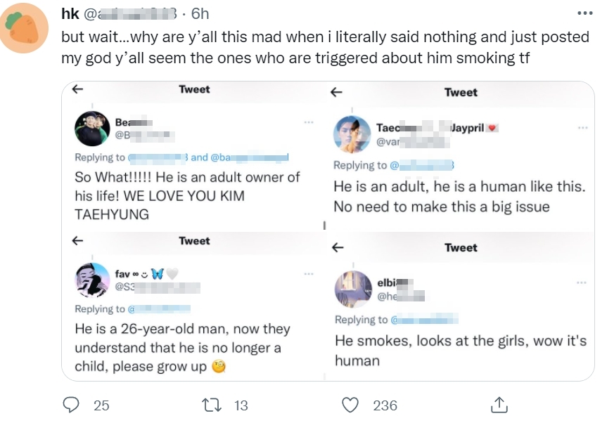 原po事後自稱沒有做出什麼評論，反虧BTS粉絲大驚小怪。（翻攝自推特）