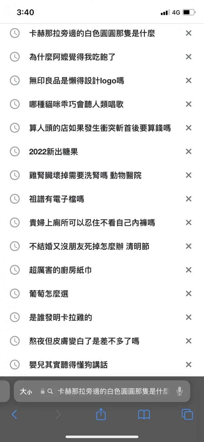 妹妹的搜尋紀錄包括「雞腎臟壞掉需要洗腎嗎」「貴婦上廁所可以忍住不看自己內褲嗎」等。（翻攝自Dcard）