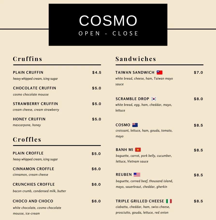 「Cosmo Coffee」的菜單上用國旗標示各個餐點的特色,不料竟因此引來批評。(翻攝自Cosmo Coffee官網)