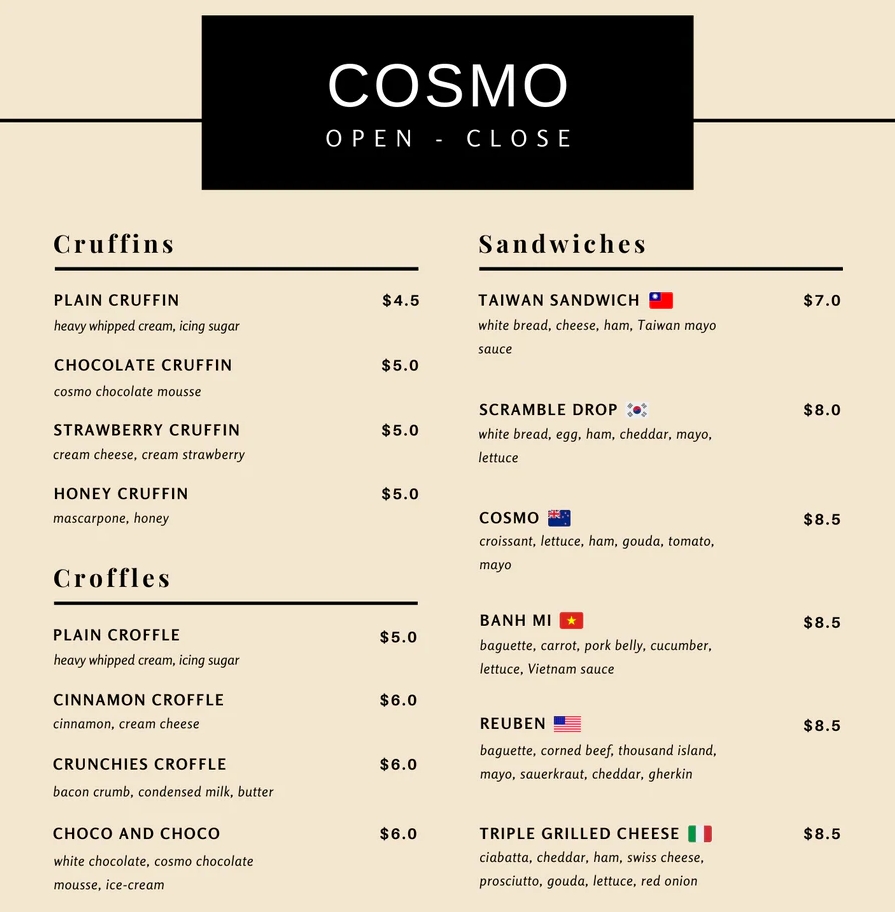 「Cosmo Coffee」的菜單上用國旗標示各個餐點的特色，不料竟因此引來批評。（翻攝自Cosmo Coffee官網）