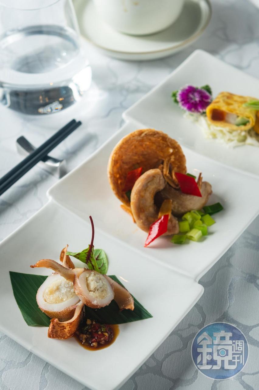 福園的「烏魚子海味三拼(野生烏魚子、烏魚腱、澎湖鮮冰卷)」 ,以鮮鹹的食海味為宴席開場。(福園,520元/份)