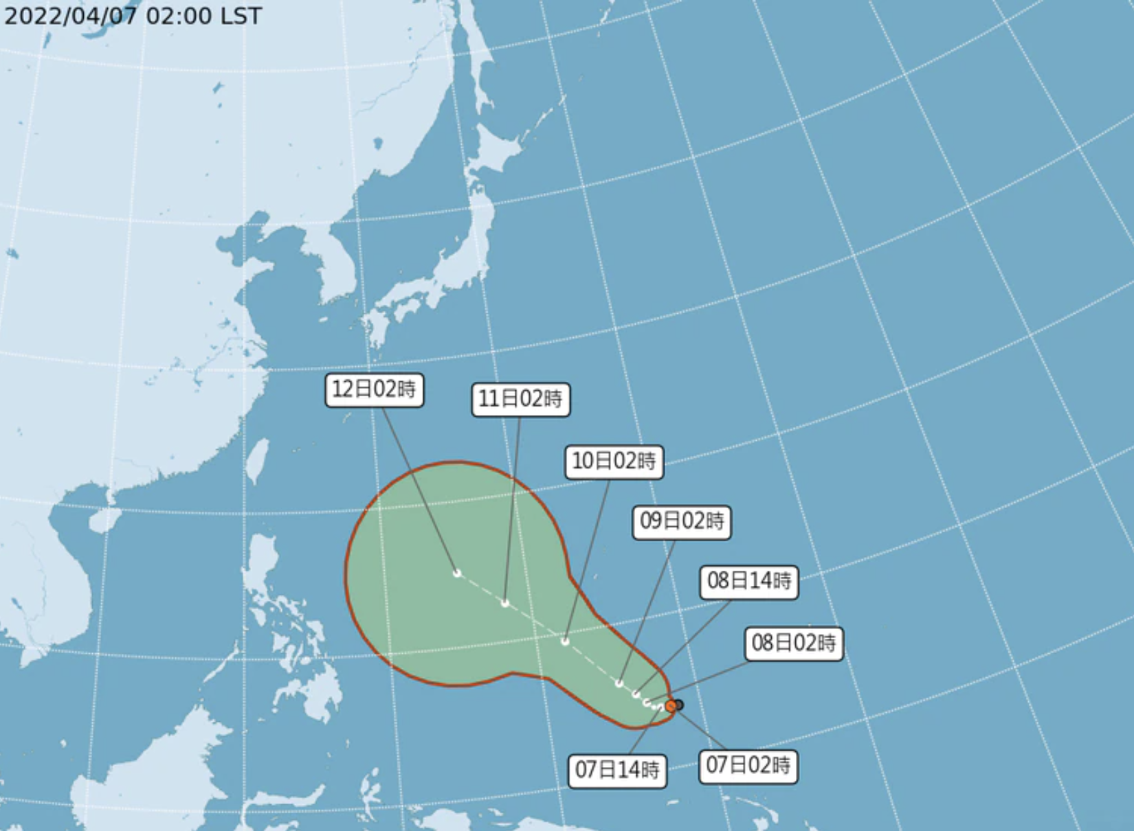 關島南方海面的「熱帶低壓」，將於今晚率先發展為今年第1號颱風。（中央氣象局提供）