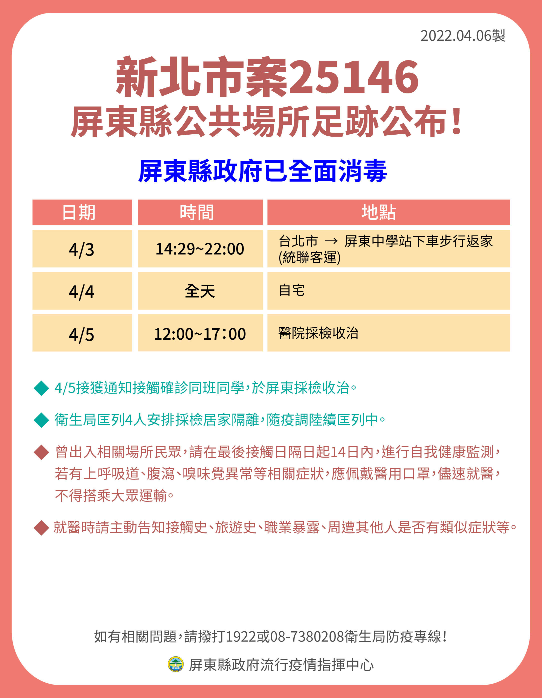 相對其他確診各案,案25146在足跡相對較少,掀起網友討論。(屏東縣提供)
