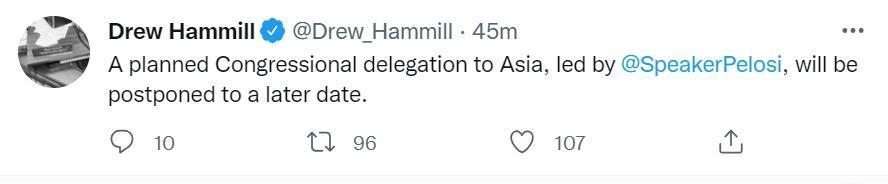 幕僚表示裴洛西的亞洲行將會延後進行。（翻攝自推特）