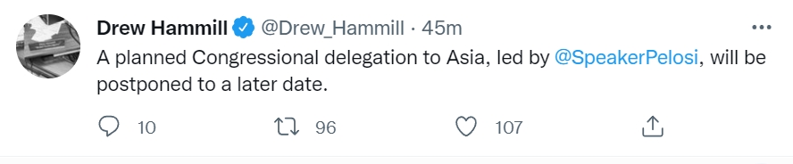 幕僚表示裴洛西的亞洲行將會延後進行。（翻攝自推特）