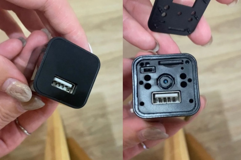 女網友心有餘悸表示，看似一般的黑色豆腐充電頭拆開後竟藏有針孔，監視著她的一舉一動。（翻攝自Dcard）