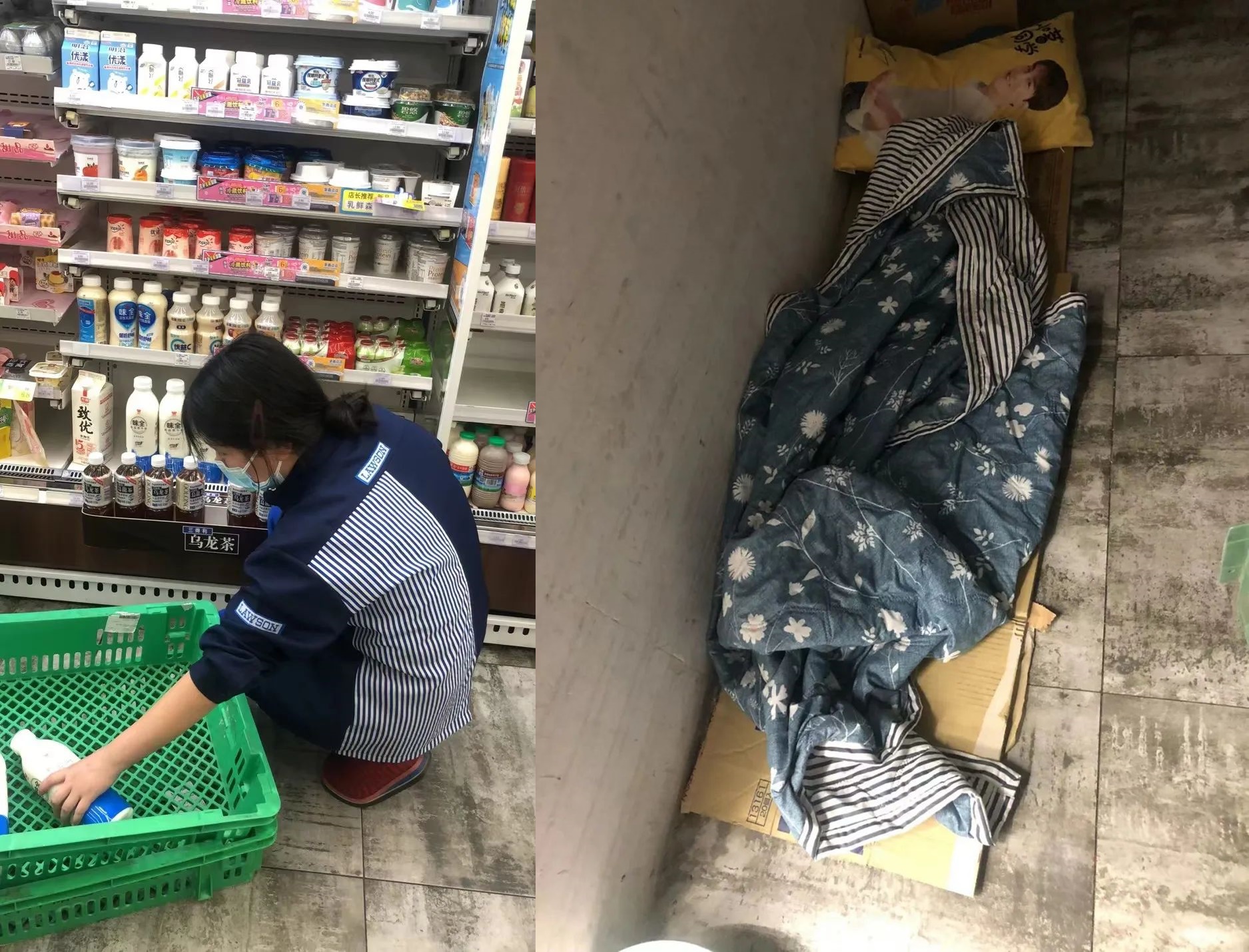 李娜堅守在超商23天，這期間就鋪紙箱席地而睡。（翻攝自外灘TheBund）