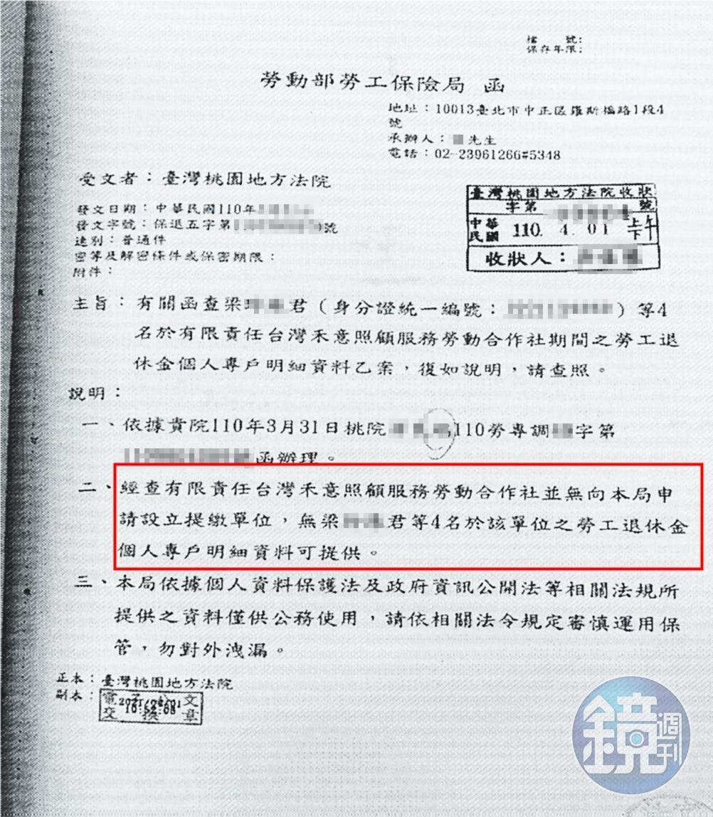 勞動部函覆法院，表示查無禾意集團幫員工投保的資料。（讀者提供）