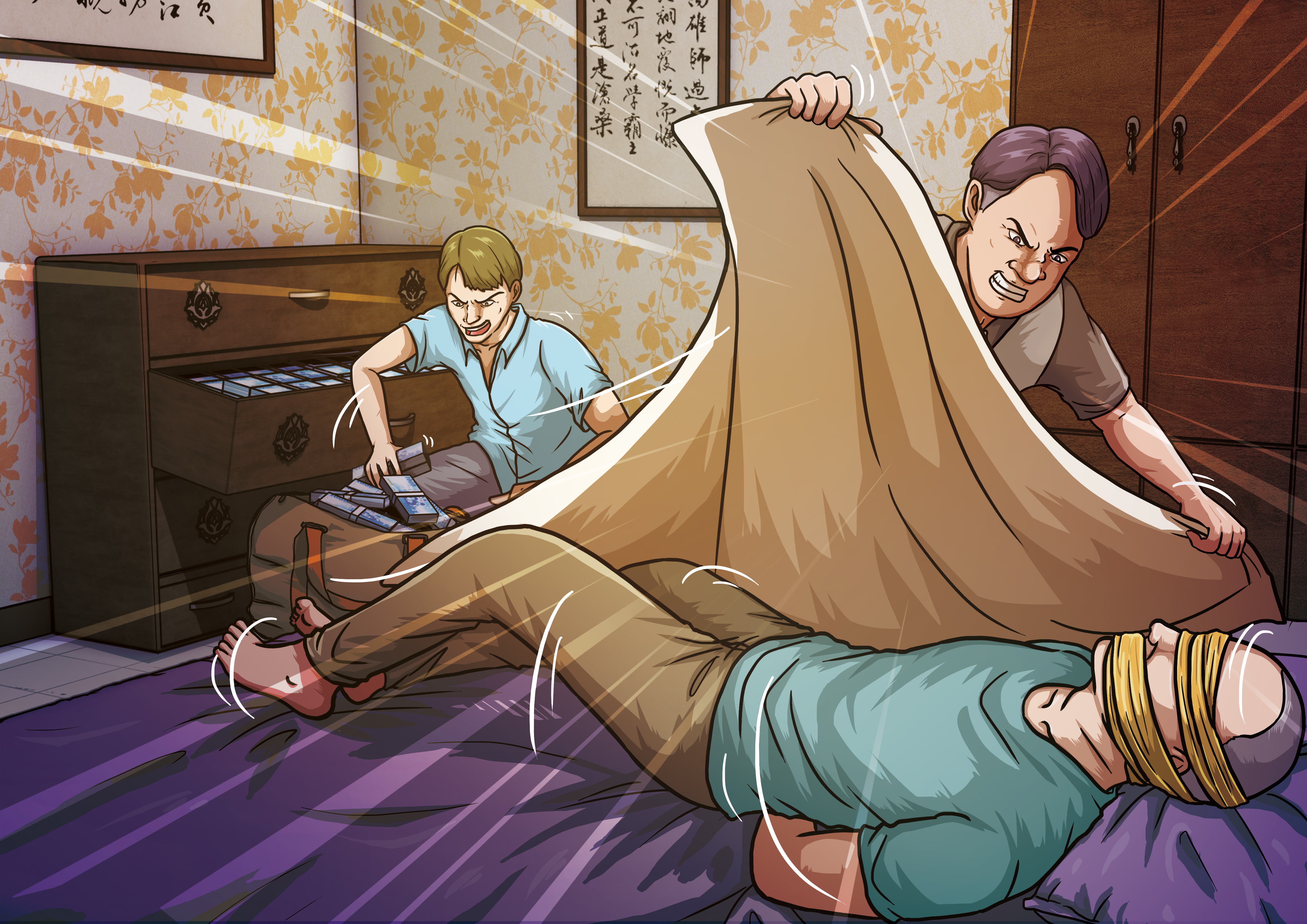 2名歹徒用膠帶綑綁老榮民的手腳、口鼻，還用棉被蓋頭，搜刮屋內財物。（示意畫面）