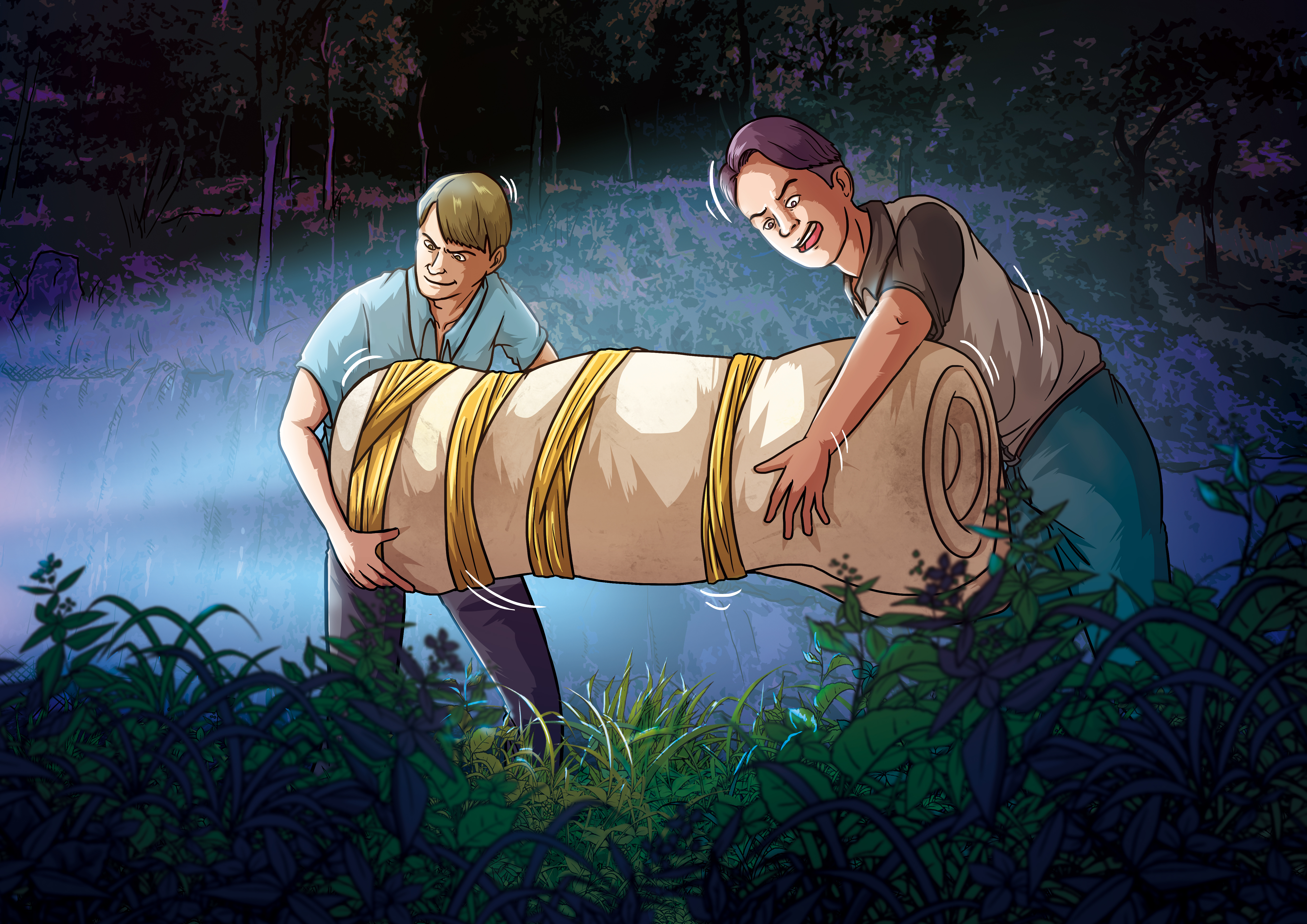 劉碧華與陳德全將老榮民用棉被包裹，棄屍山區。（示意畫面）