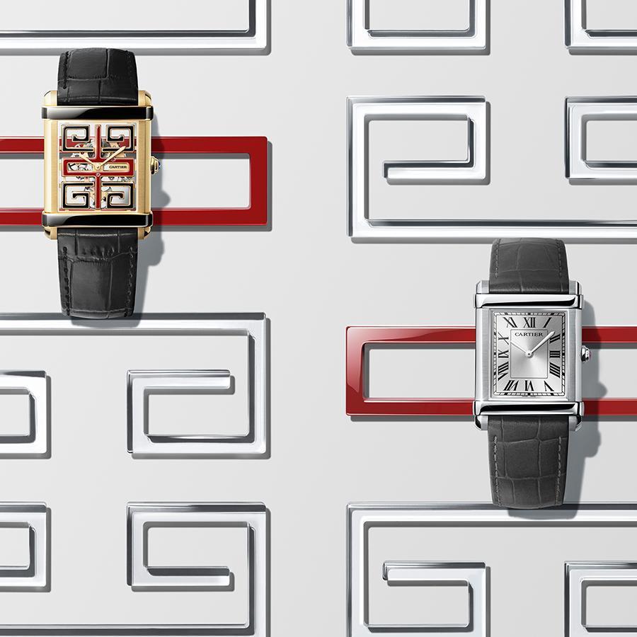 Cartier Privé Tank Chinoise｜錶徑39.5mmX29.2mm，9627 MC型手上鍊機芯，黃金錶殼，限量100只（左）錶徑39.49mmX29.2mm，430 MC型手上鍊機芯，鉑金錶殼，限量150只（右）。