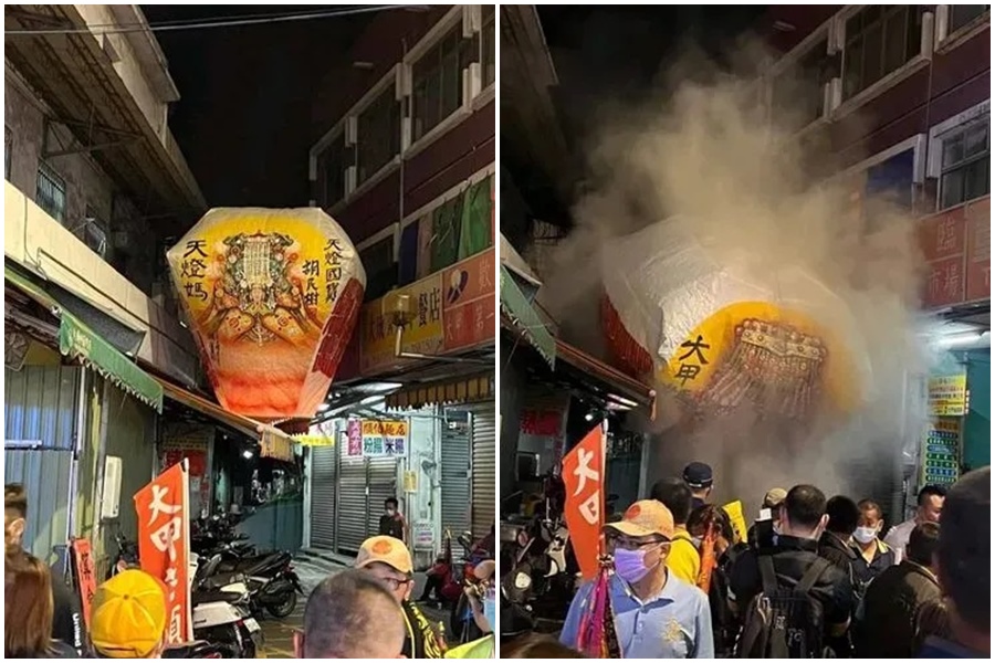 網友表示昨晚天燈升起後不到2分鐘就掉下來，卡在巷弄中間還冒出濃煙。（翻攝自爆料公社）