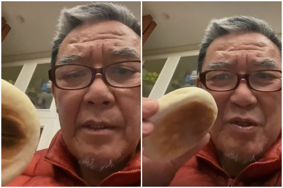 李立群拿出羊肉夾饃的饃，表示團購只能買得到饃，買不到肉。（翻攝自李立群抖音）