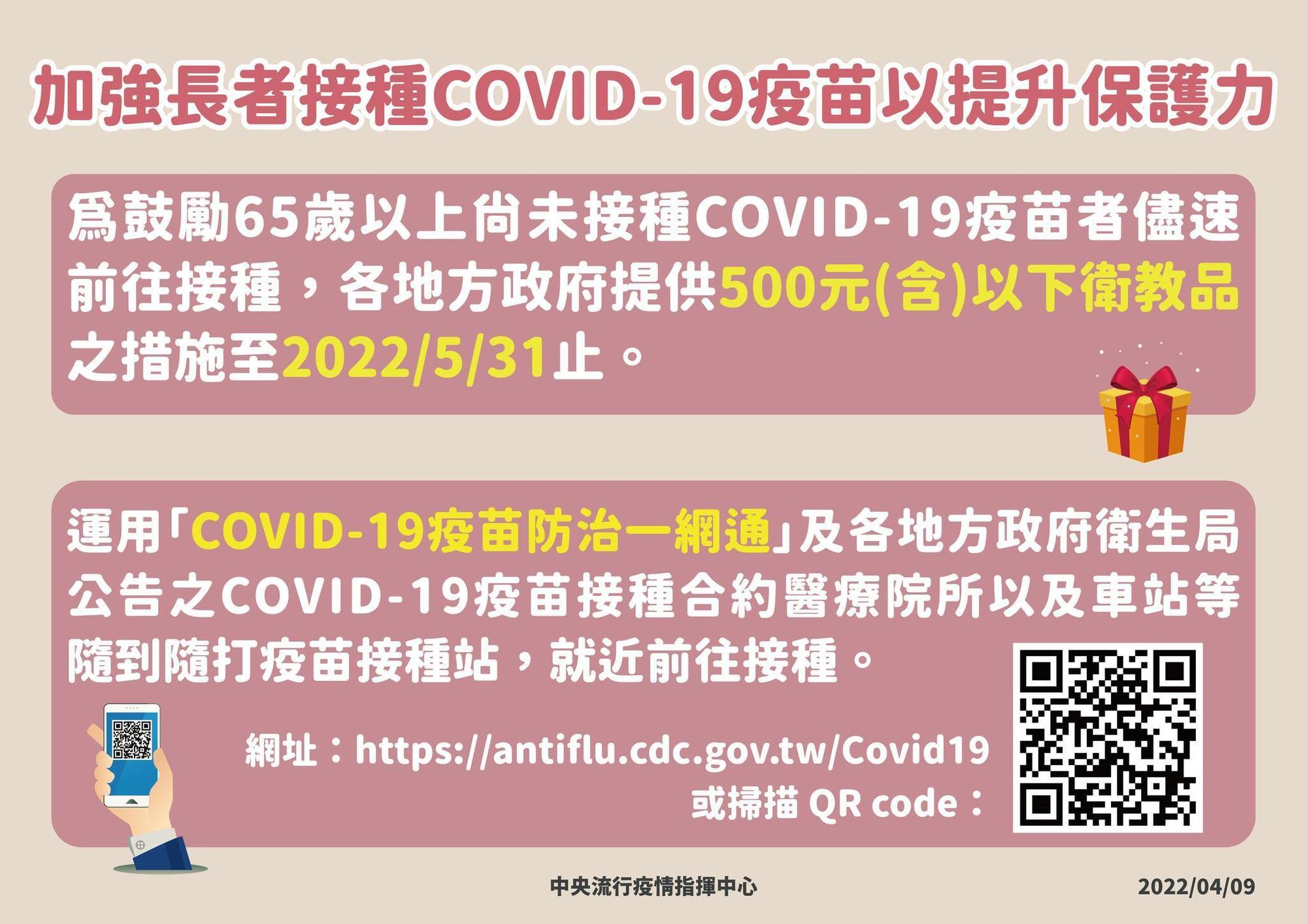 為促進65歲以上長者踴躍接種COVID-19疫苗,指揮中心宣布將延長提供長者500元衛教品措施至5月底。(指揮中心提供)