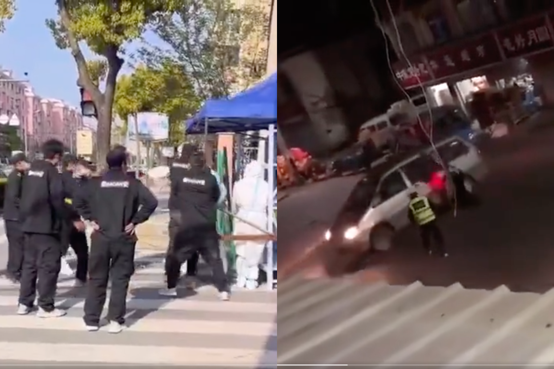 上海封城多起衝突亂象，不僅有孕婦想出門就醫遭打（左圖），還有民眾疑似因情緒失控開車衝撞警察（右圖）。（翻攝自微博、twitter）