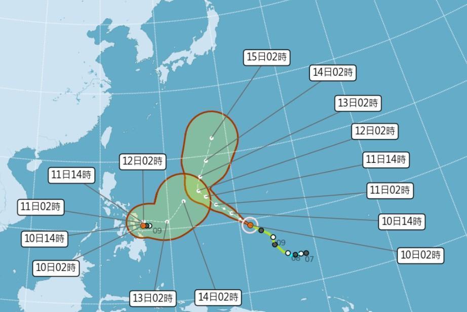 中央氣象局預測馬勒卡與另一個即將成颱的熱帶低壓路徑。（翻攝自氣象局官網）