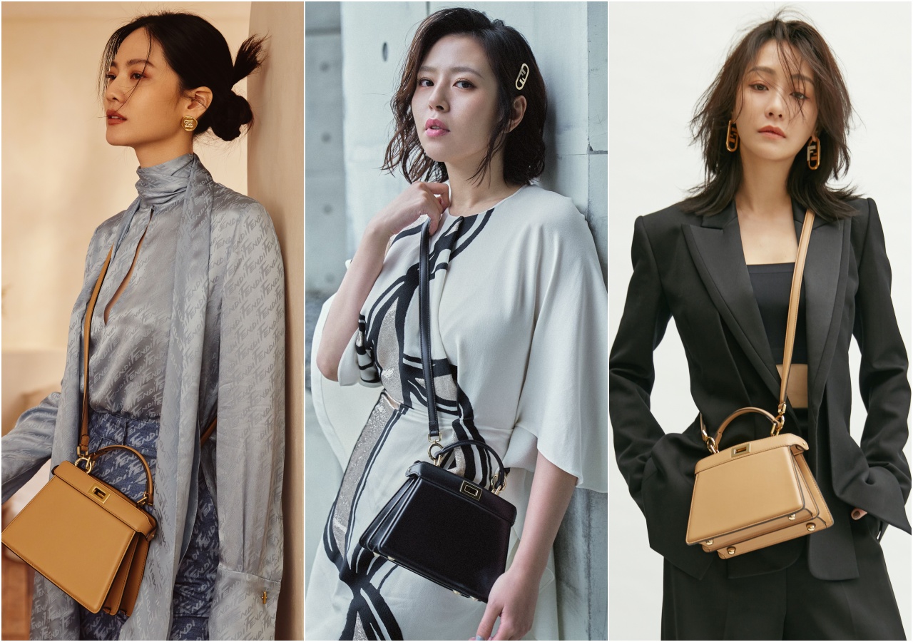 （左起）曾之喬、劉品言、謝欣穎分別以不同造型詮釋FENDI全新Peekaboo ISeeU Petite包款。（FENDI提供）