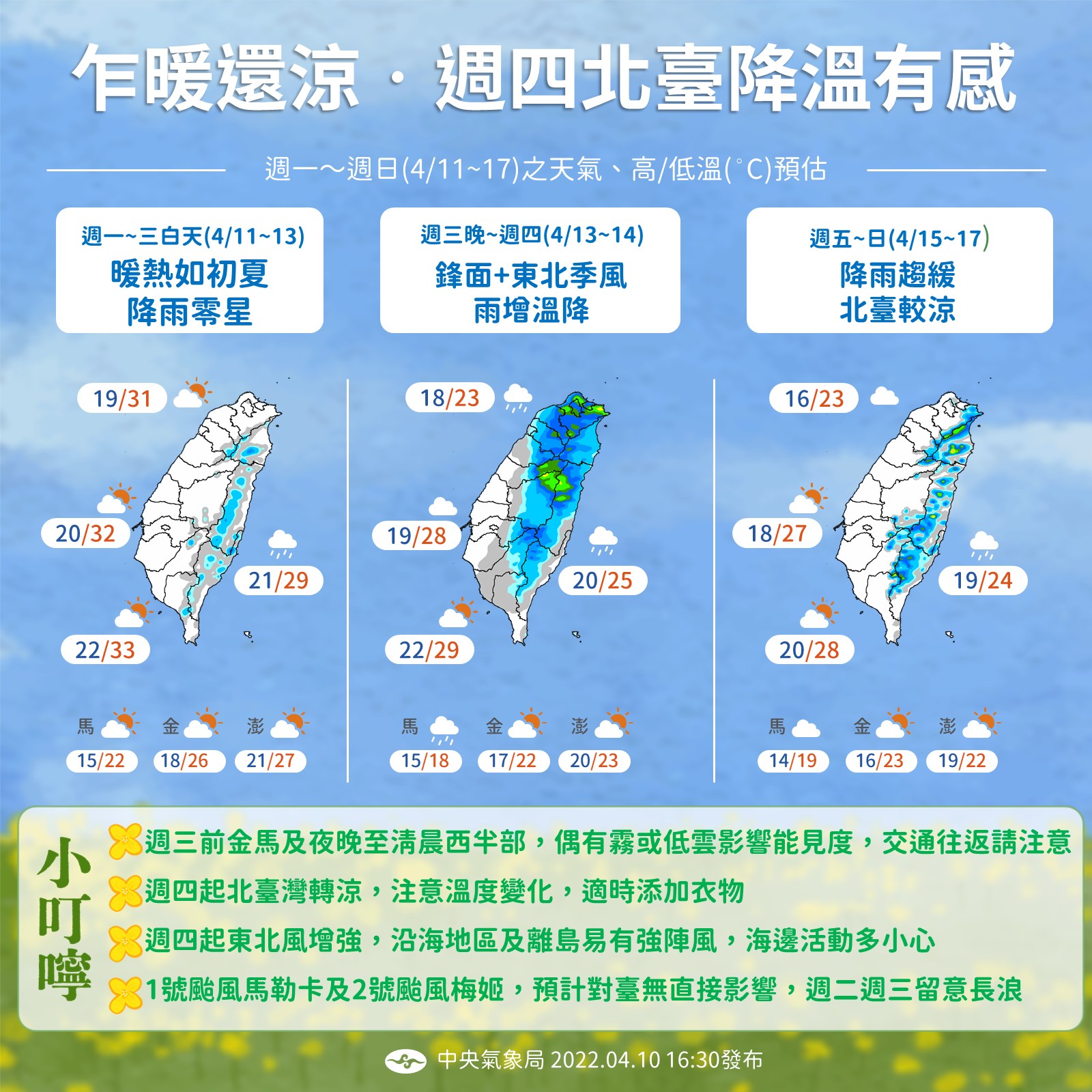 本週天氣有2階段變化，週三晚間鋒面與冷空氣報到，北部及東北部有感降溫。（翻攝自報天氣 - 中央氣象局臉書）