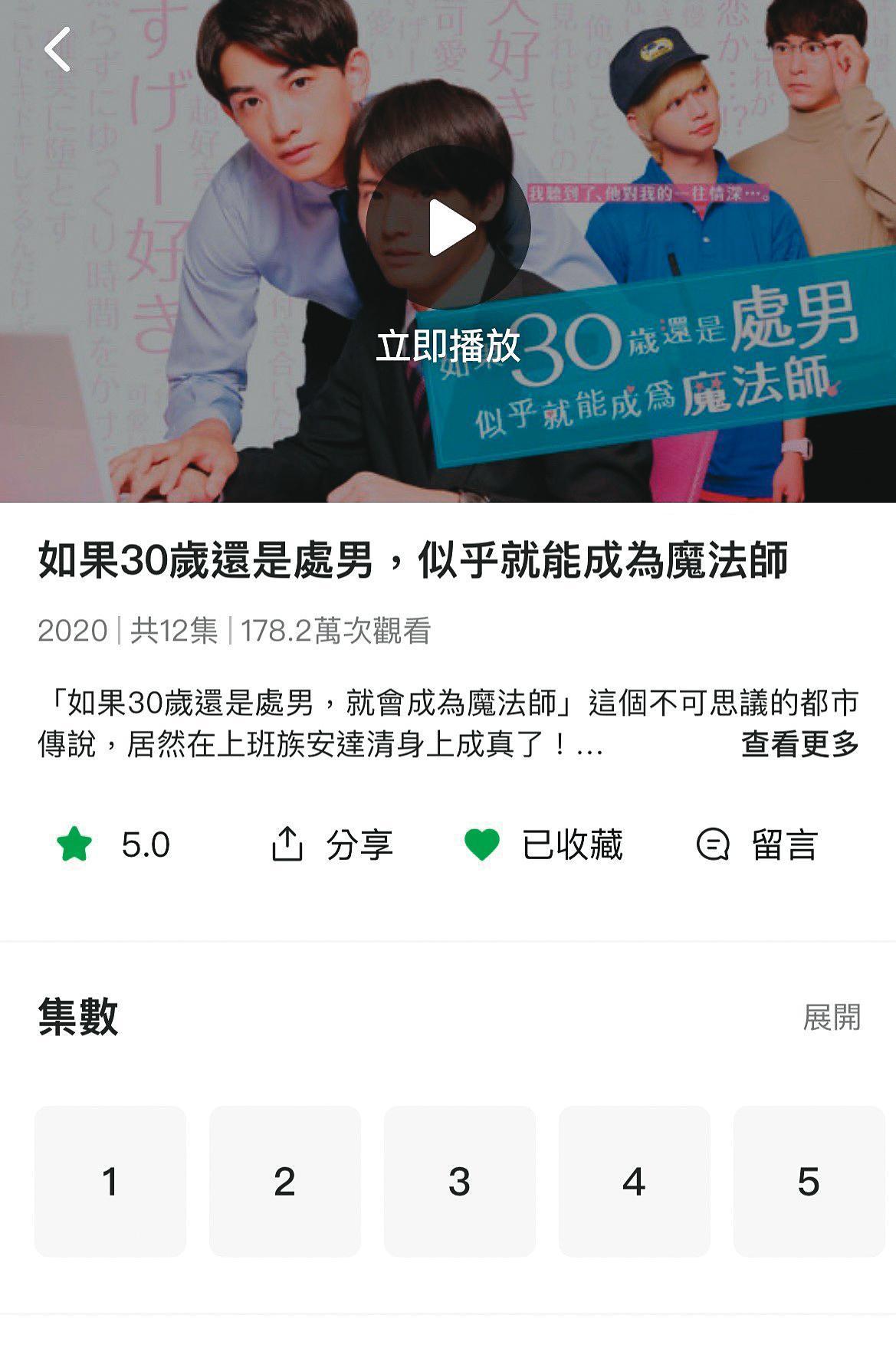 前年底劇終的《30歲處男》去年5月在LINE TV上架,觀看次數已突破178萬。(翻攝自LINE TV)