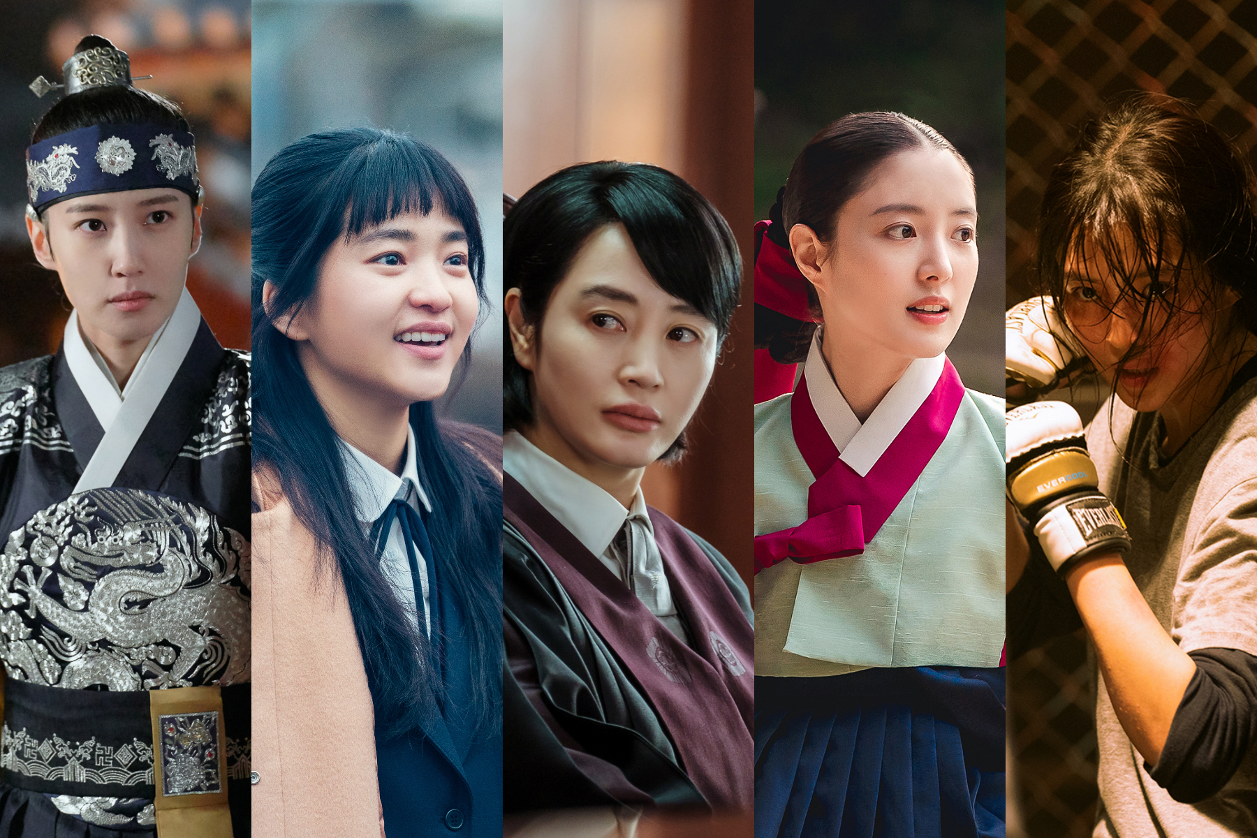 「第58屆百想藝術大賞」今公布完整入圍名單，朴恩斌（左起）、金泰梨、金憓秀、李世榮、韓韶禧將角逐最佳女演員。（左一&右二friDay影音提供，其餘為Netflix提供）