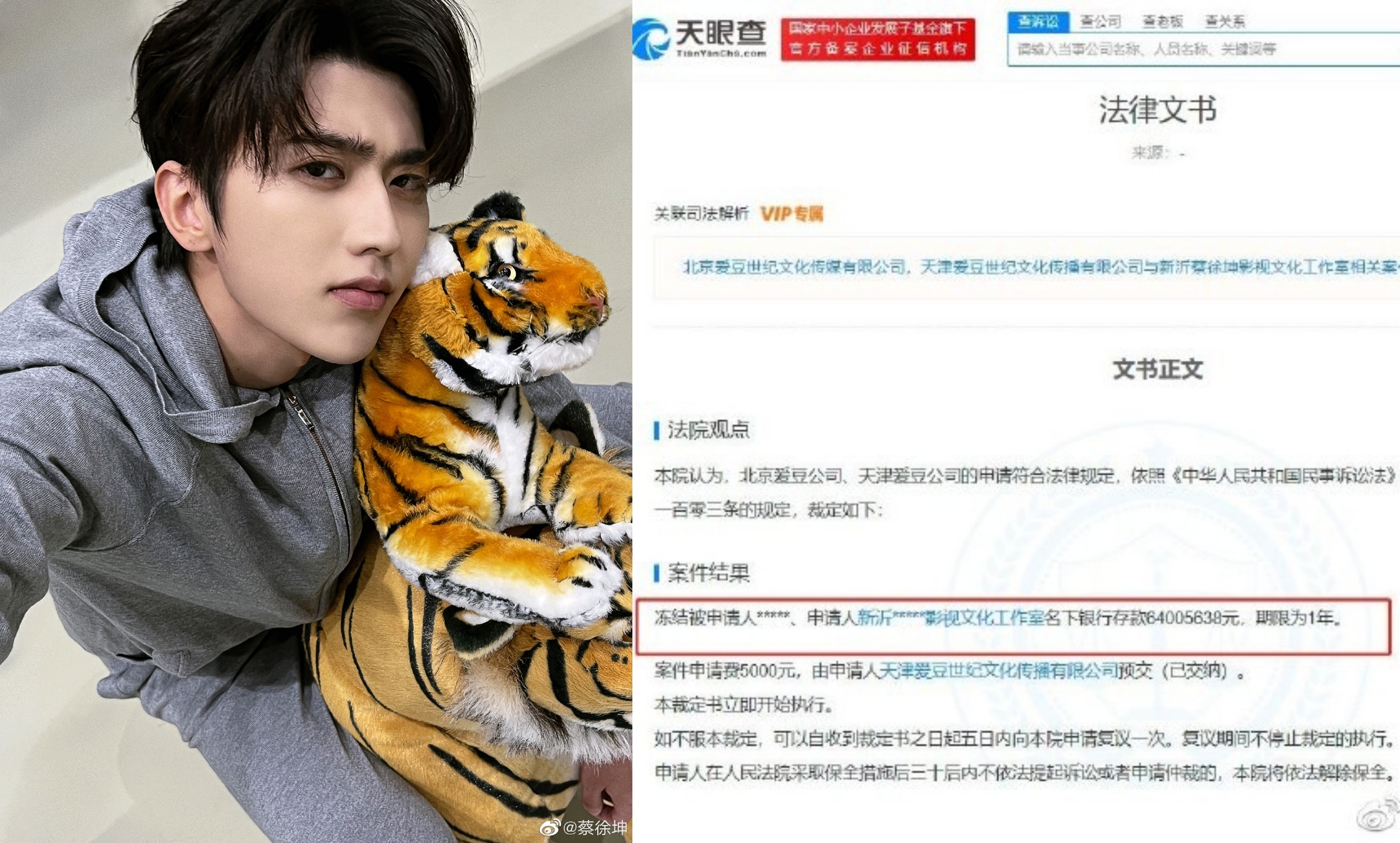 大陸歌手蔡徐坤因版權糾紛，被法院凍結銀行存款2.9億新台幣。（左翻攝蔡徐坤微博，右翻攝WEMONEY研究室微博）