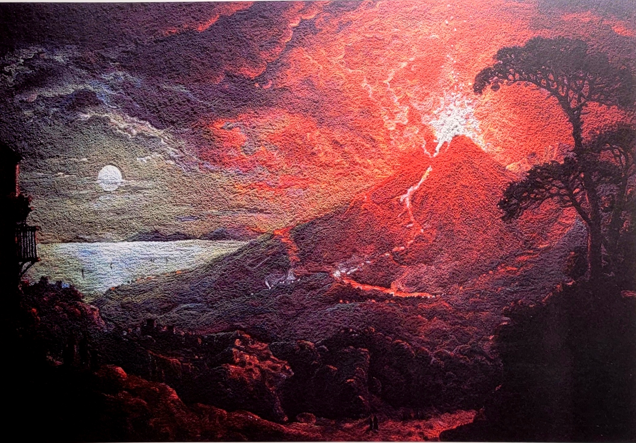 巴西藝術家Vik Muniz 使用製造顏料的化學粉末，重新詮釋英國月色風景大師Sebastian Pether的「維蘇威火山」，作品尺寸 152x101cm。（寶吉祥藝術中心提供）