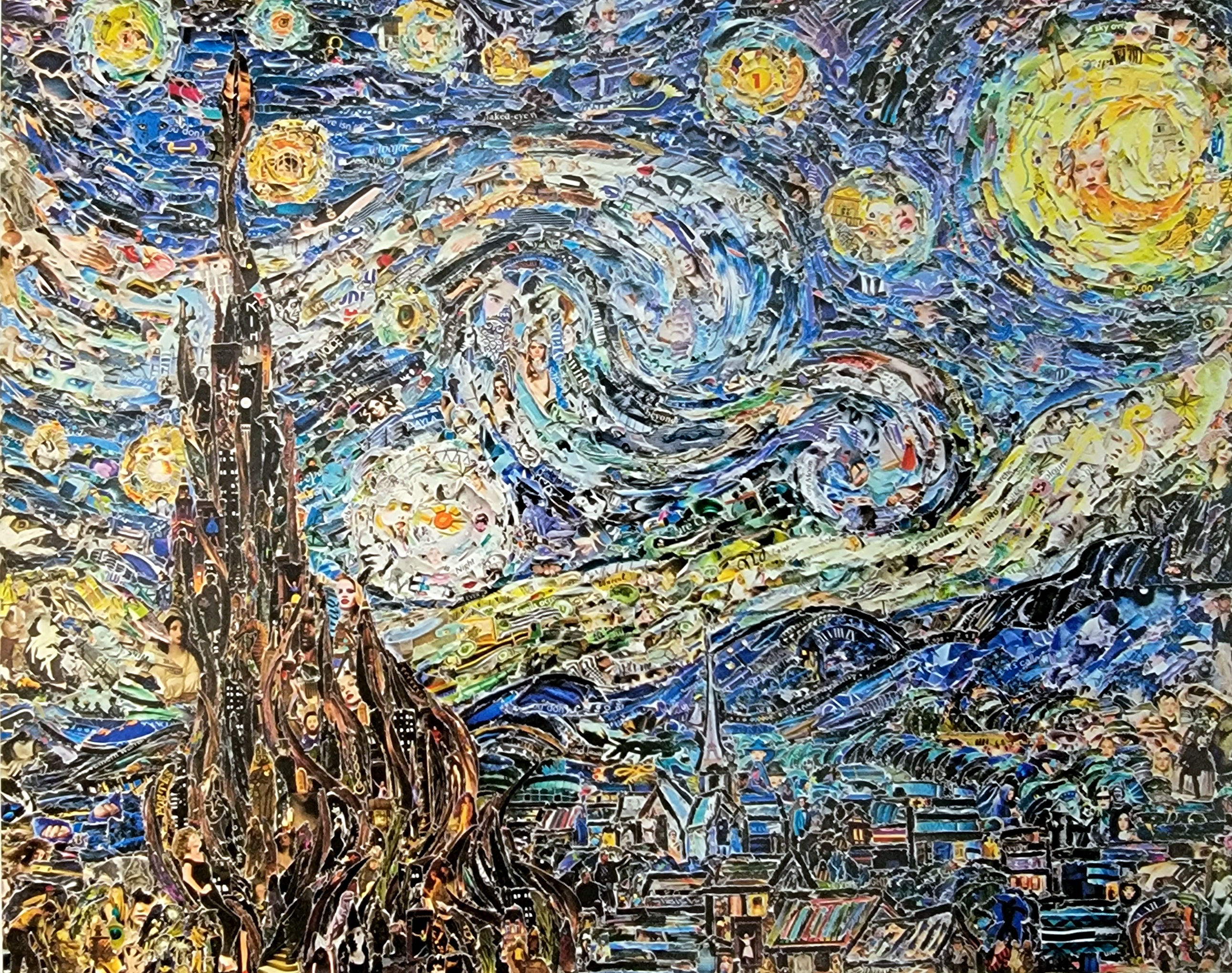 巴西藝術家Vik Muniz 透過雜誌圖像的拼貼，重新詮釋Van Gogh的名作「星夜」，作品尺寸226x180cm。（寶吉祥藝術中心提供）